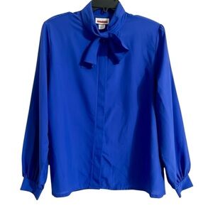 Vintage Judy Bond Secretary Blouse 16 Royal Blue Button Up Bow Scarf Victorian
